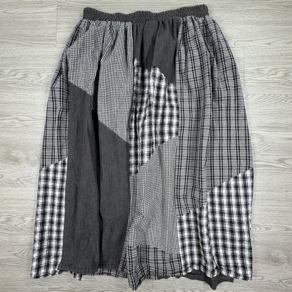 ORVIS Womens Skirt Patchwork Plaid Gingham Black White XL Boho Cotton - Picture 2 of 6